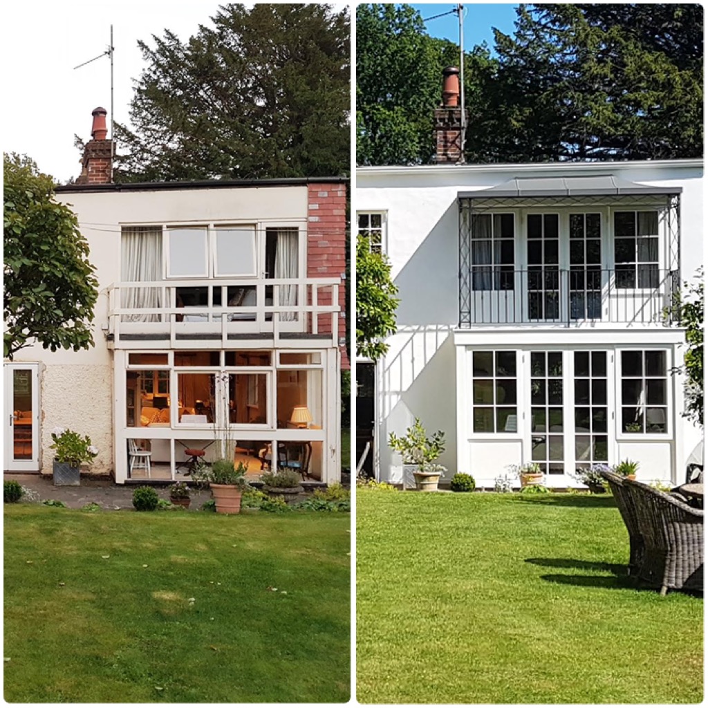 Decorative Regency style Wrought Iron Veranda Balcony with matching metal Railings and Complete Zinc rolled canopy Roof showing Before and After