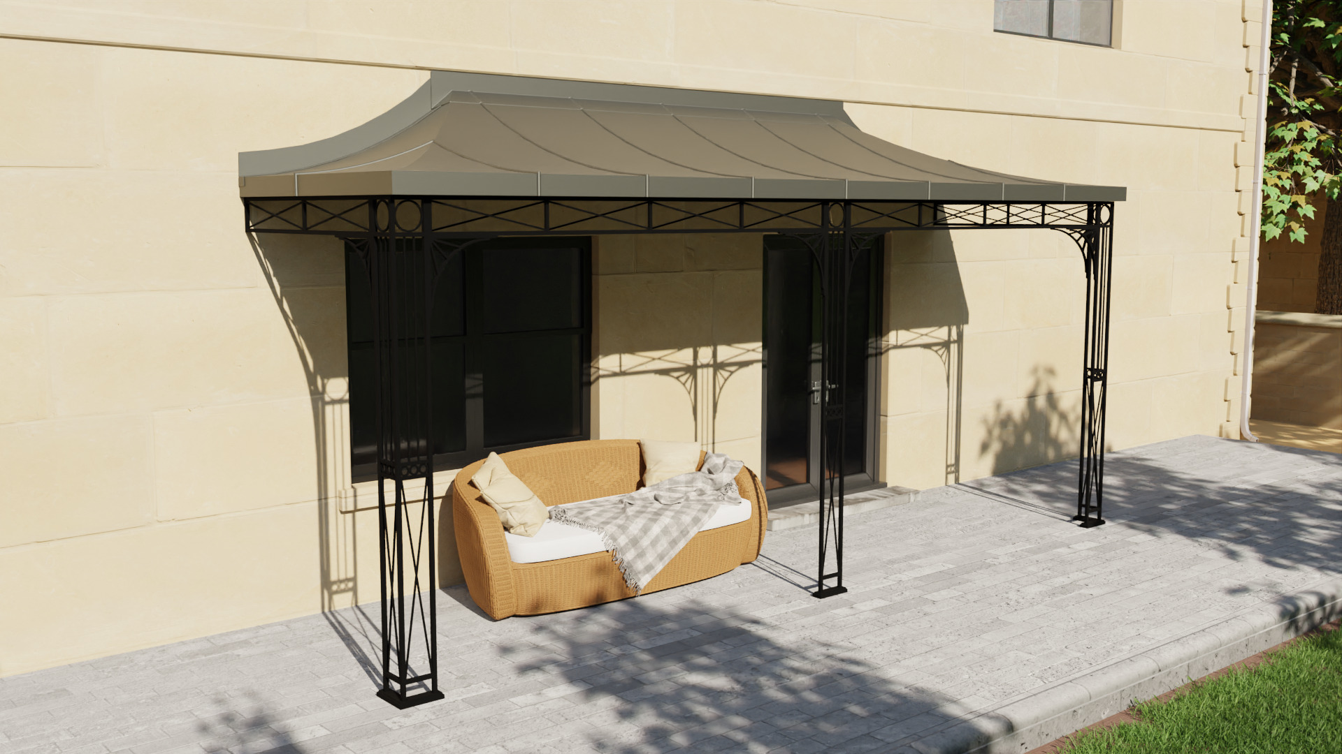 A 3D side view of our wentworth ironwork in a small garden veranda configuration
