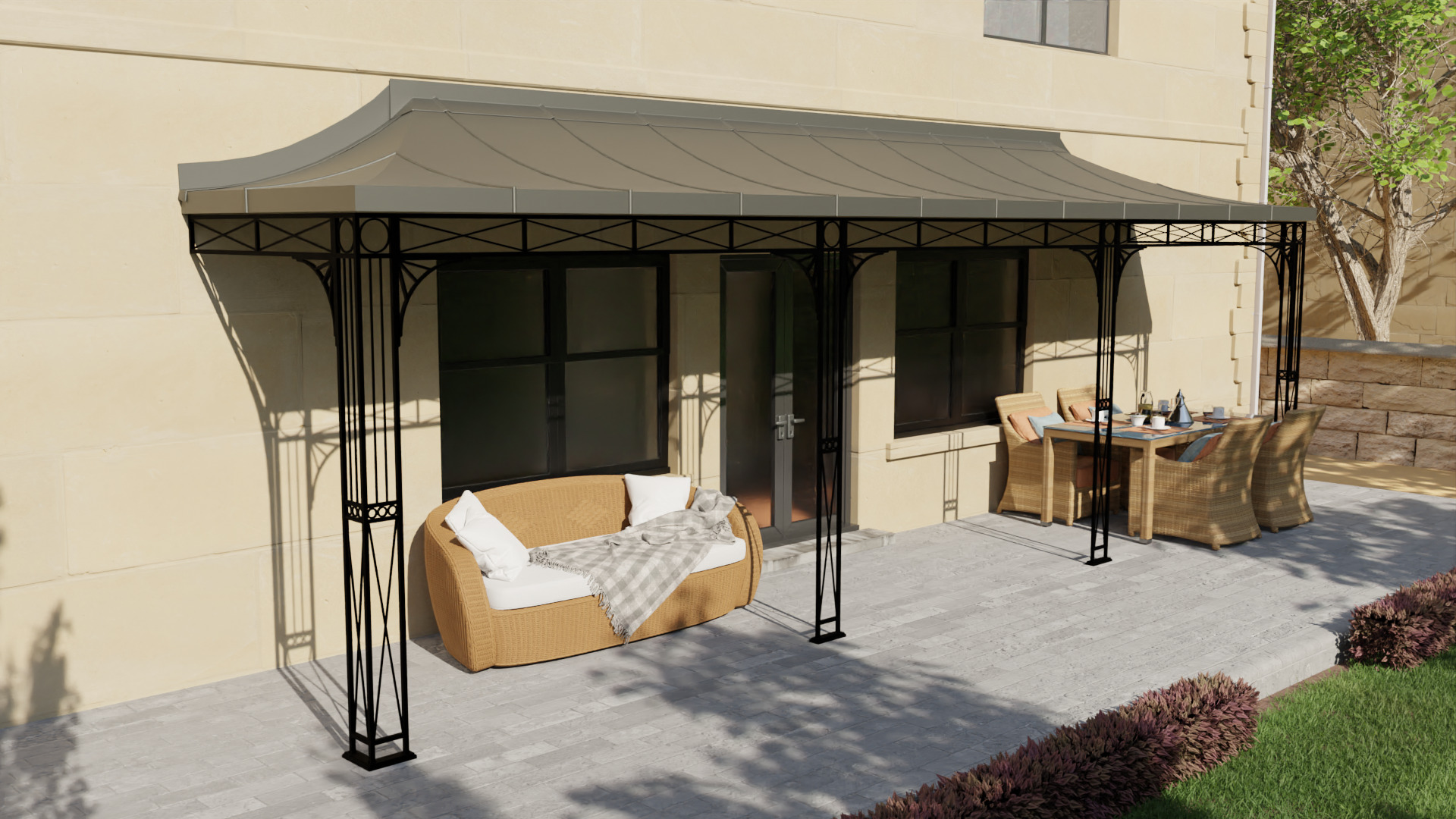 This large verandah shown in our Wentworth ironwork design is the perfect patio garden verandah to enjoy your outside space for longer. Shown with complete roof awning