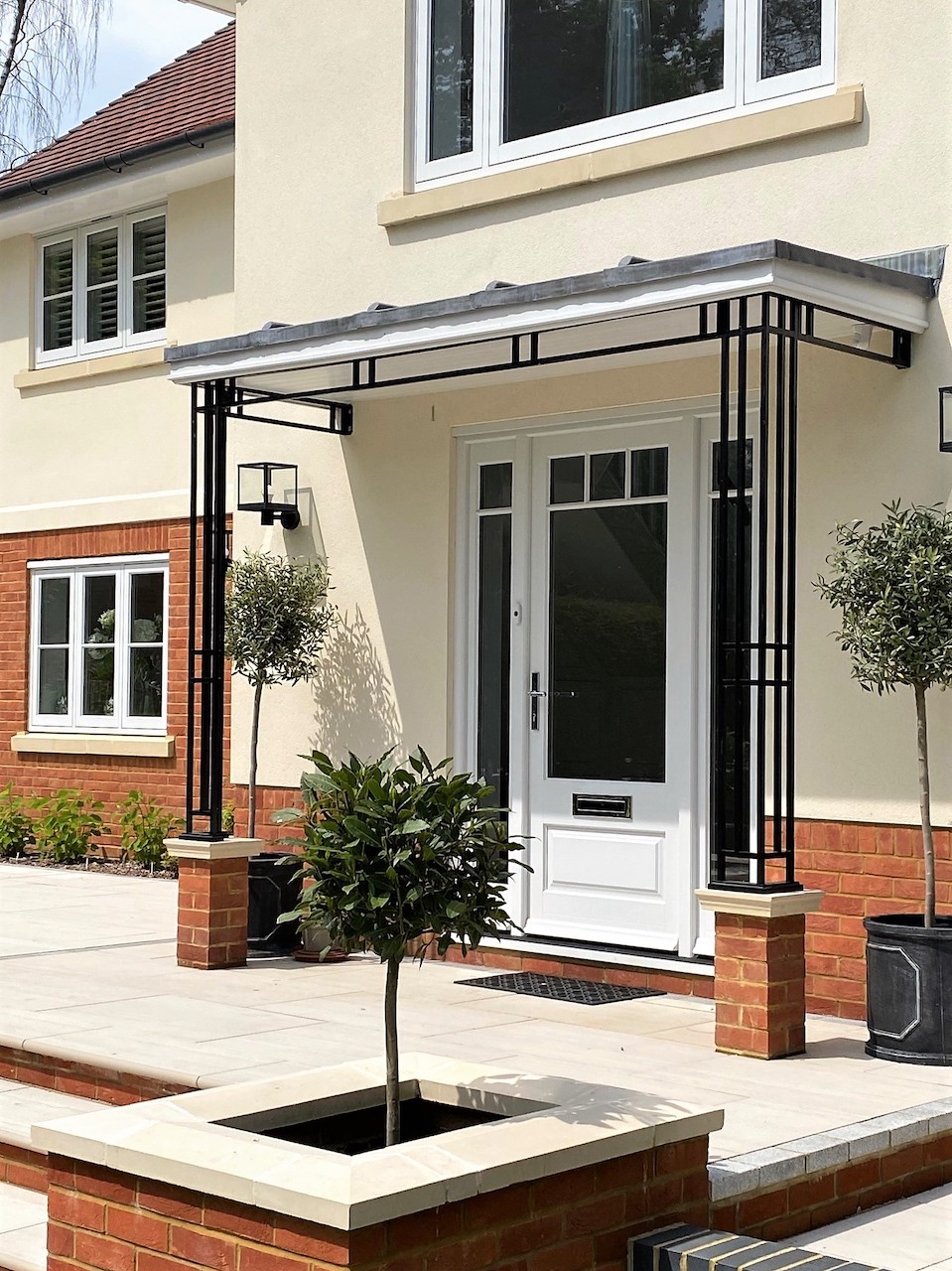 Contemporary Highbury metal porch on brick piers with a flat roof